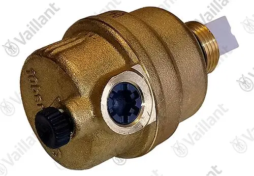 Vaillant Schnellentlüfter in metallischer Ausführung mit einer Einstellmöglichkeit und Anschlussgewinde, montiert an Heizungsanlagen zur Luftentfernung.